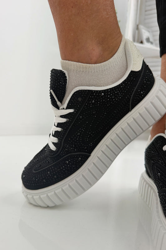 42 Moderne Sneaker in Weiß Schwarz mit funkelnden Glitzersteinen