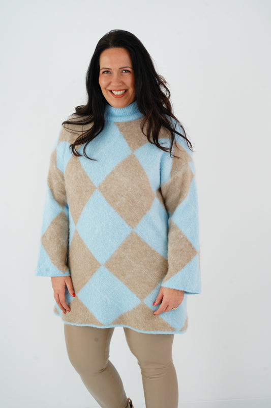 Long Pullover in Himmelblau-Taupe (38-44)