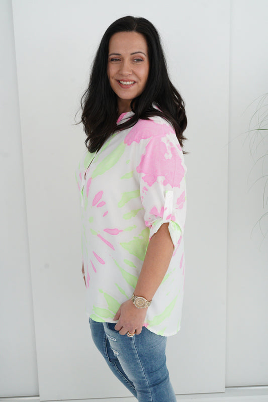 Bluse in Weiß-Neon-Batik (38-42+)