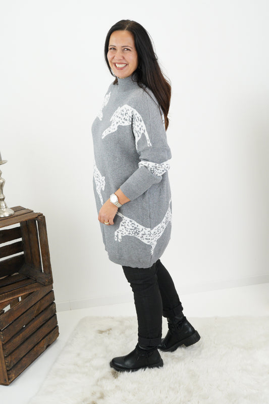 Long Pullover in Grau mit Weiß (42-46)