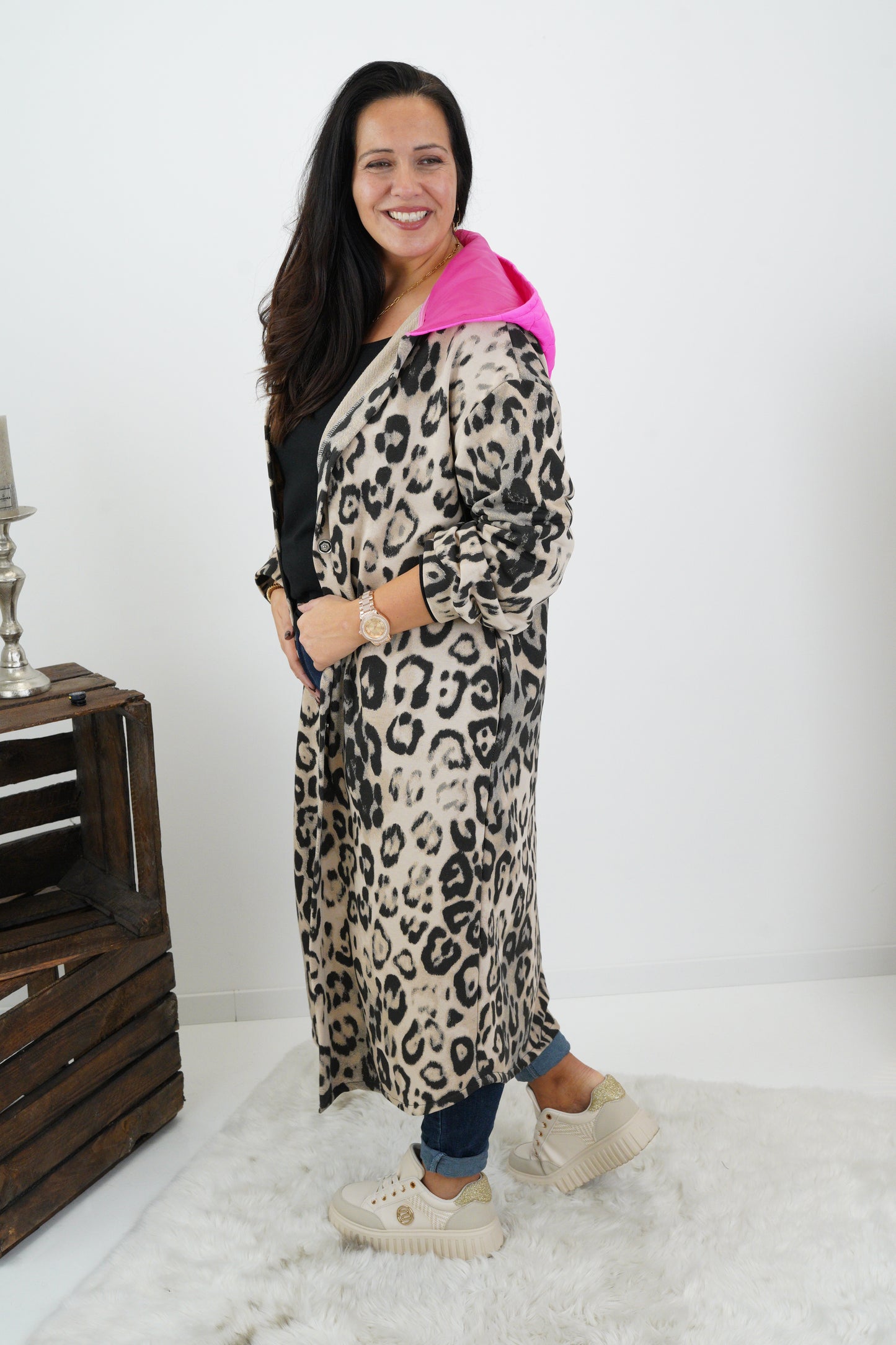 Sweat Mantel in Leo-Beige mit Neonpink (40-46)