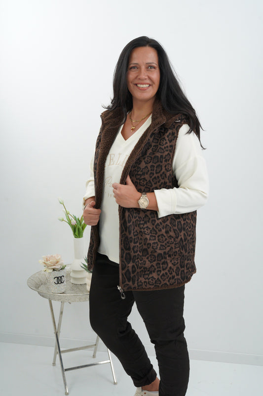 Stylische Wende-Fellweste in Schoko/Schwarz mit Leo-Design (40-48)