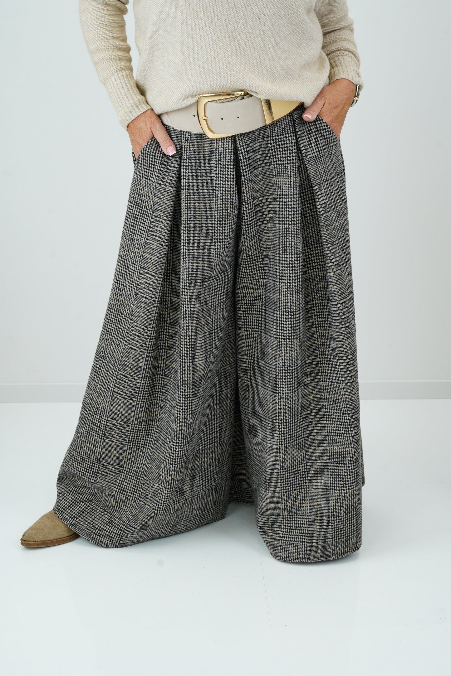 Palazzo Hose mit Glencheck in Schwarz mit Beige (36-40)