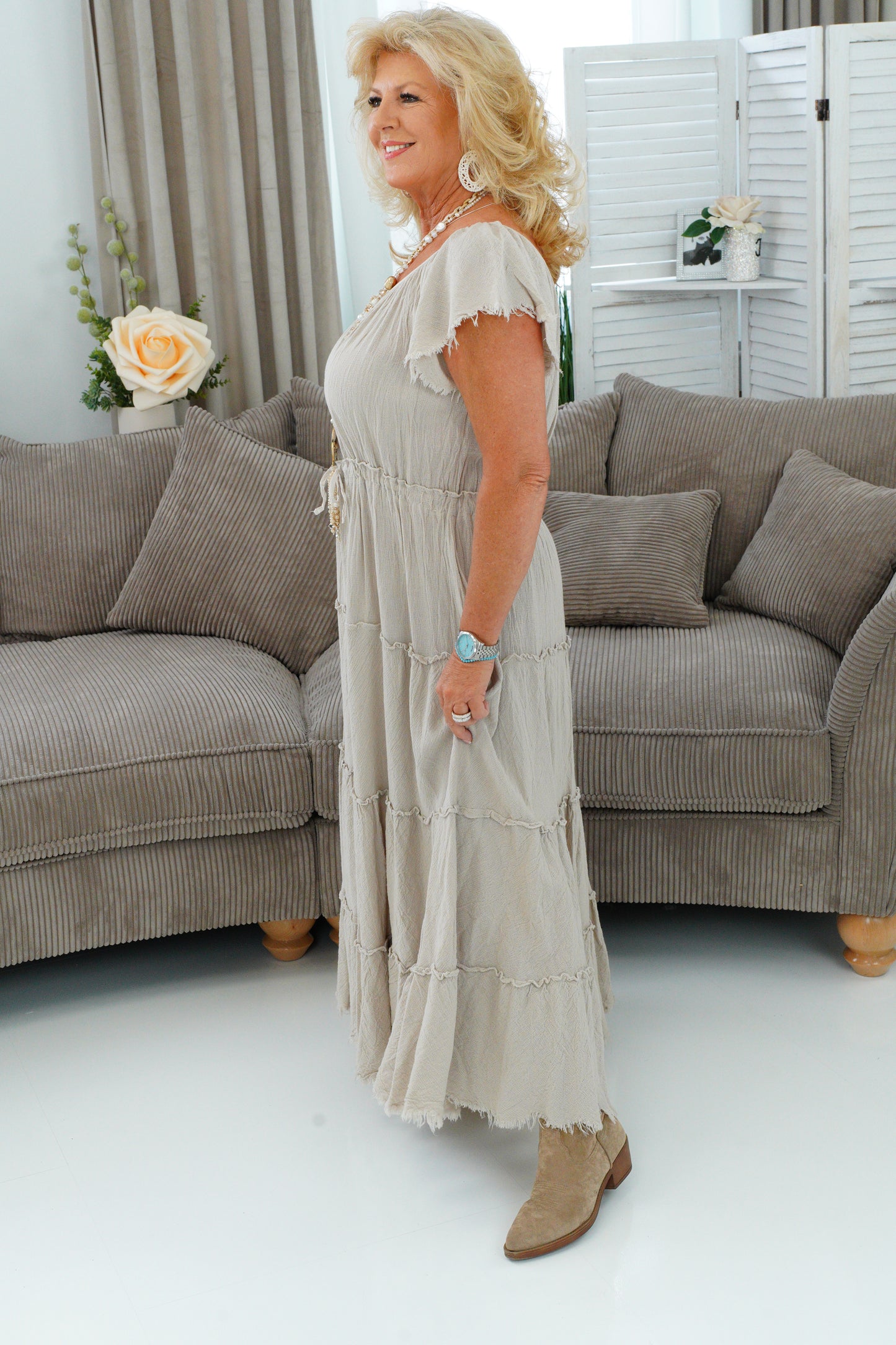 Leinen-Kleid in Beige (40-44)