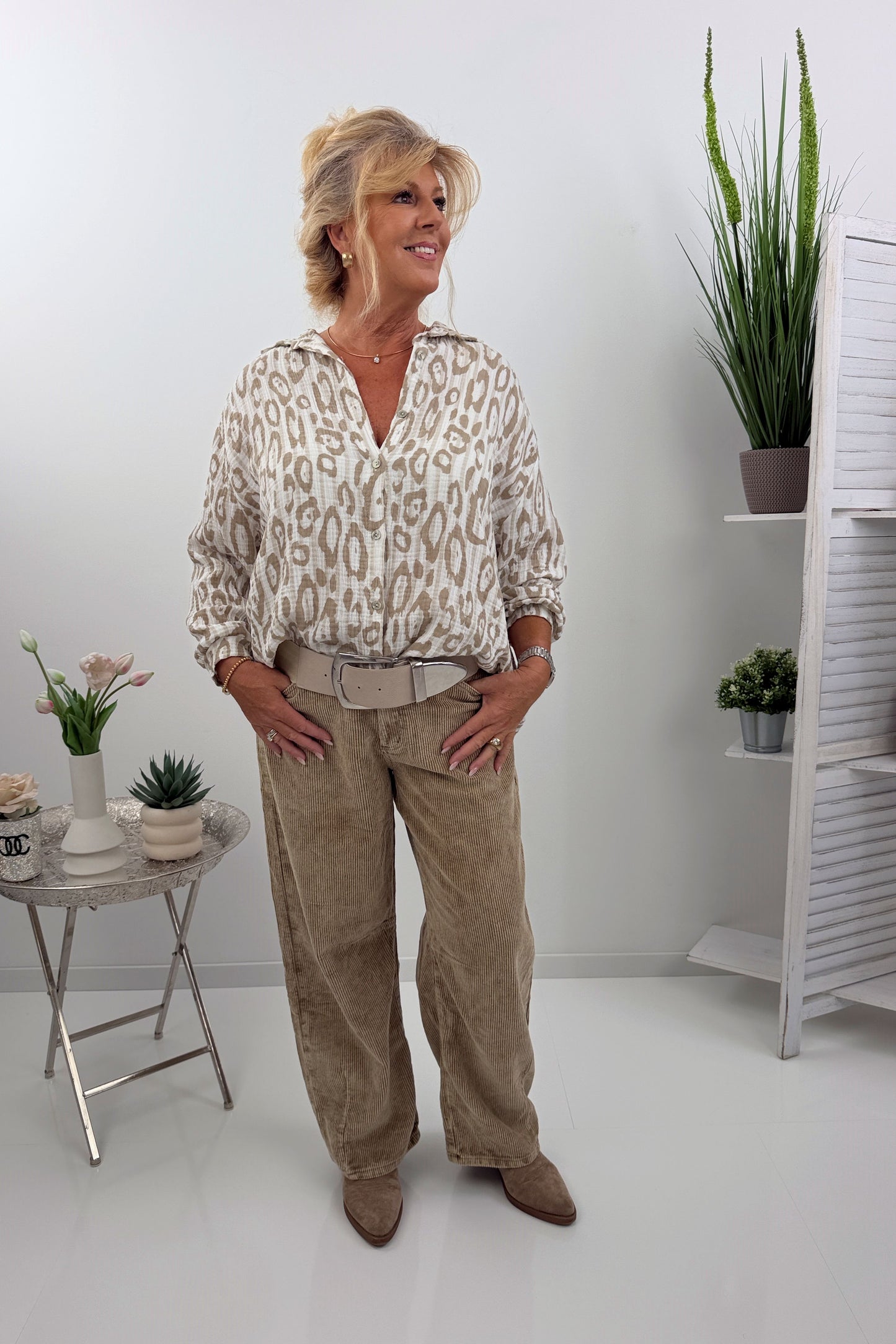 Musselin Sommerbluse in Weiß Taupe (40-46)