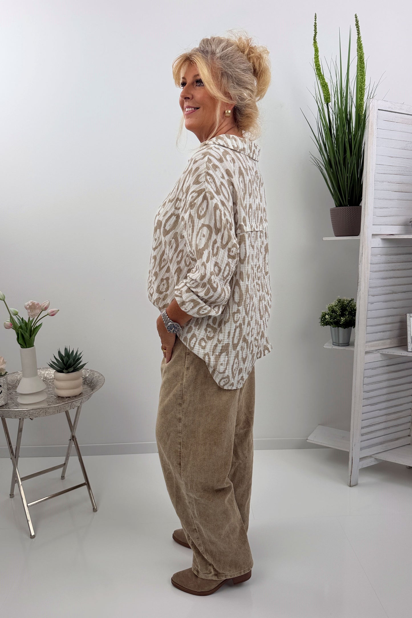 Musselin Sommerbluse in Weiß Taupe (40-46)
