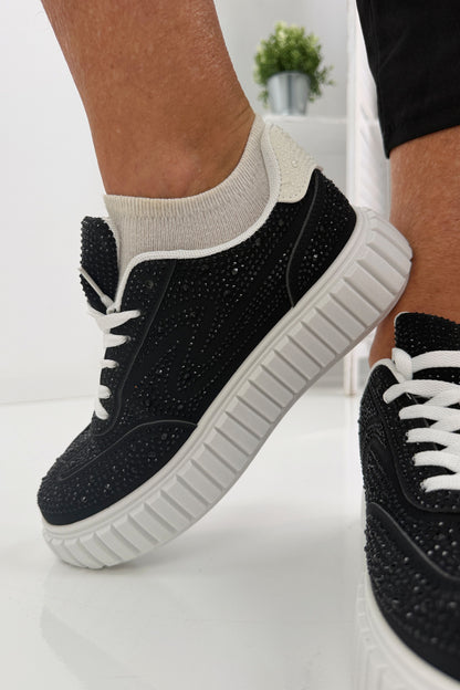 42 Moderne Sneaker in Weiß Schwarz mit funkelnden Glitzersteinen