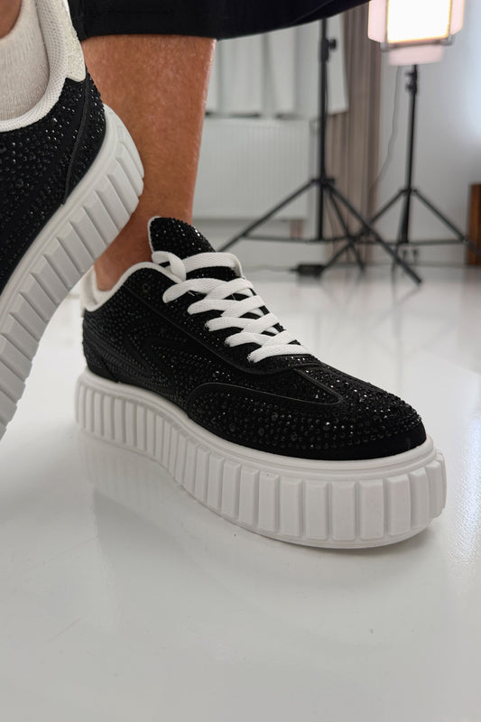 42 Moderne Sneaker in Weiß Schwarz mit funkelnden Glitzersteinen
