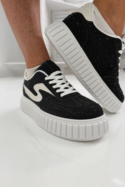 42 Moderne Sneaker in Weiß Schwarz mit funkelnden Glitzersteinen
