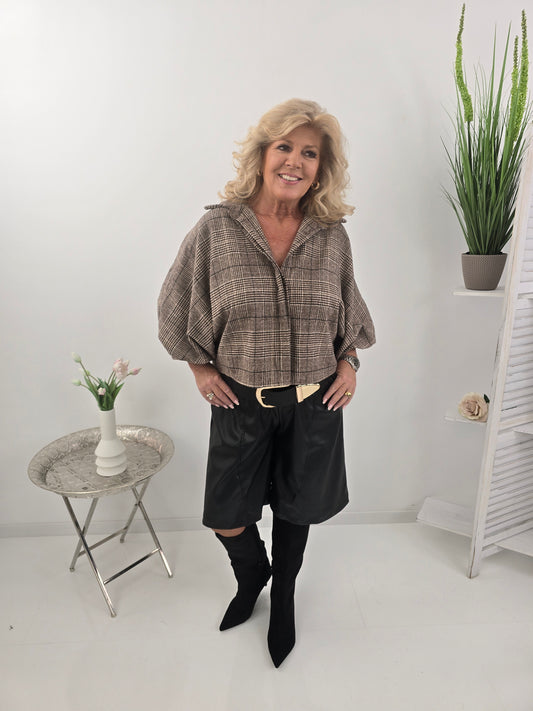 Stilvolle Bluse in Beige-Braun mit elegantem Glam-Checkmuster (38-42)