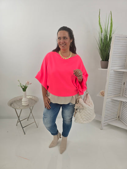 Lässiges Sweatshirt im auffälligen Neon- Pink mit femininem U-Boot-Ausschnitt (36-42+)