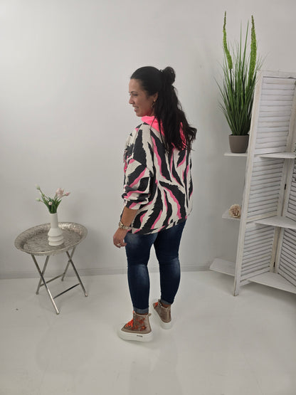 Auffälliges Sweatshirt in Grau mit leuchtenden Neon-Pink-Akzenten (38-44)