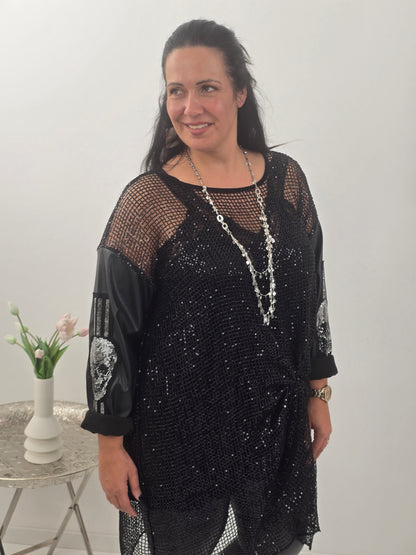 Ausgefallenes Shirt in klassischem Schwarz mit markanter Netzoptik (40-48 )