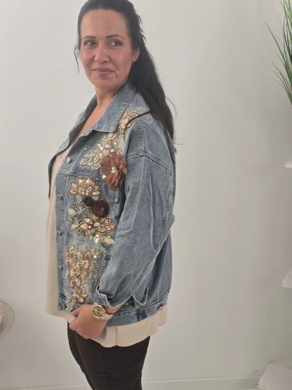Ausgefallene Jeansjacke in Light Blue mit Braun-Beige-Akzenten (40-44)