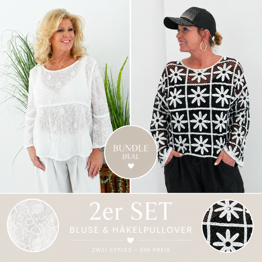 Häkelpullover + Bluse-Bundle - Schwarz-Weiß & Off-White (38–42)