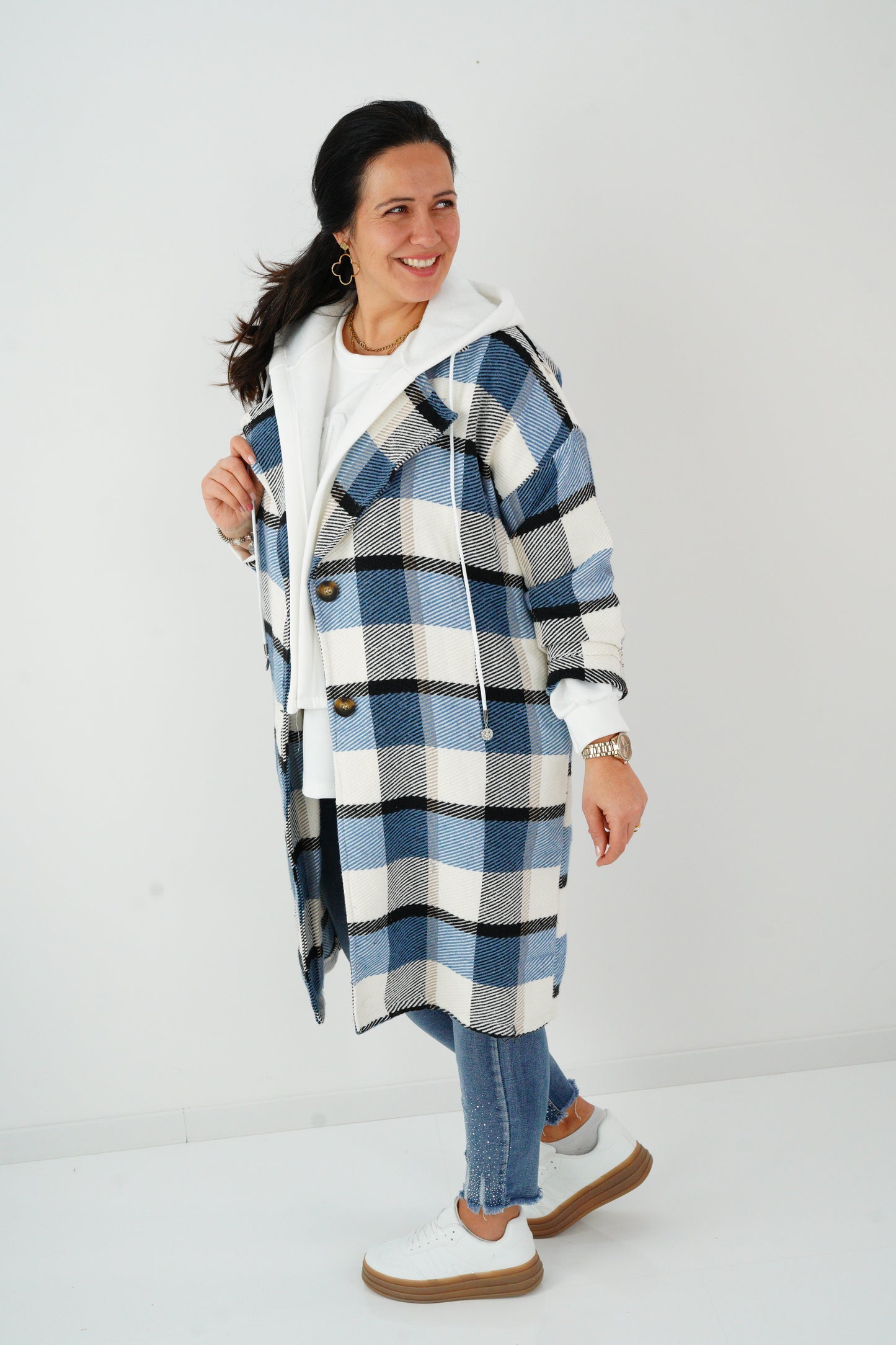 Mantel in Blau-Weiß-Schwarz-Kariert (40-44)