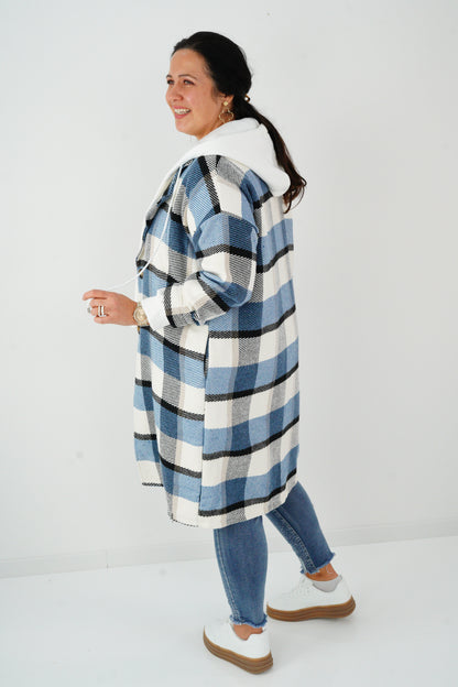 Mantel in Blau-Weiß-Schwarz-Kariert (40-44)