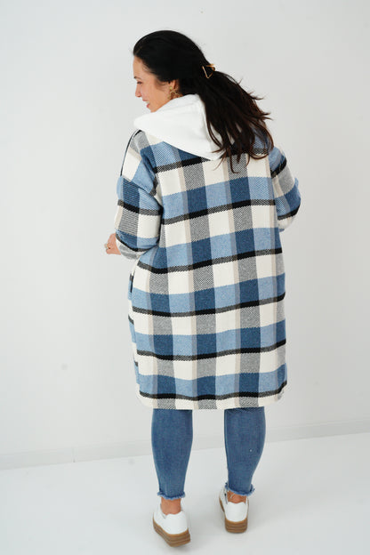 Mantel in Blau-Weiß-Schwarz-Kariert (40-44)