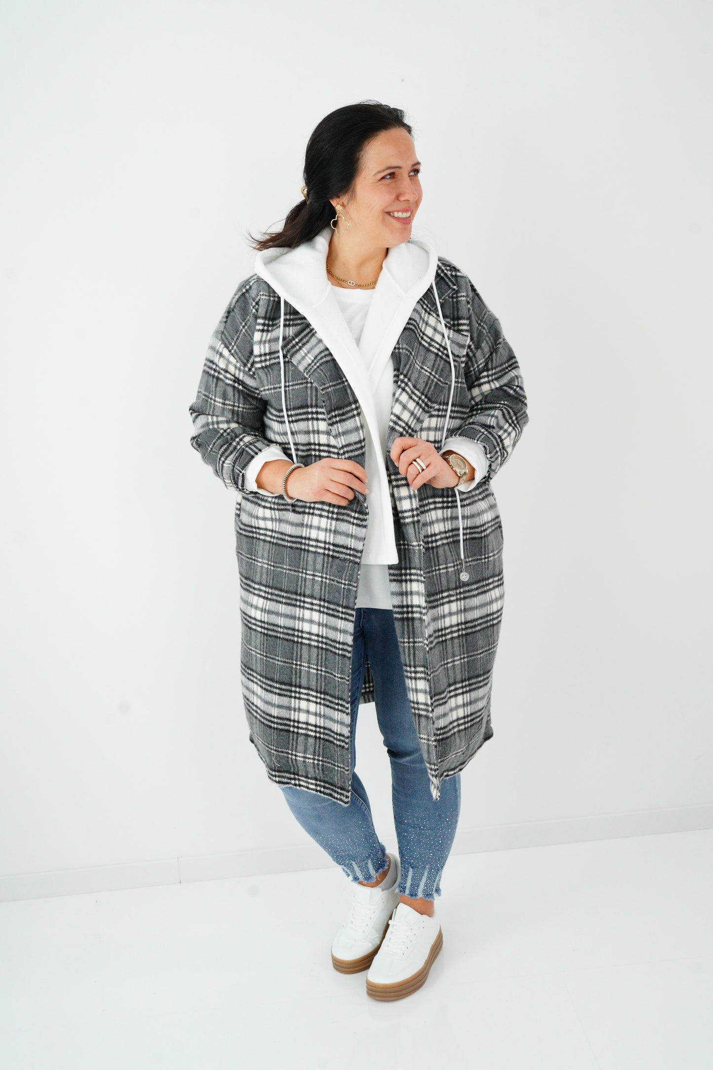 Mantel in Grau-Weiß-Kariert (40-44)