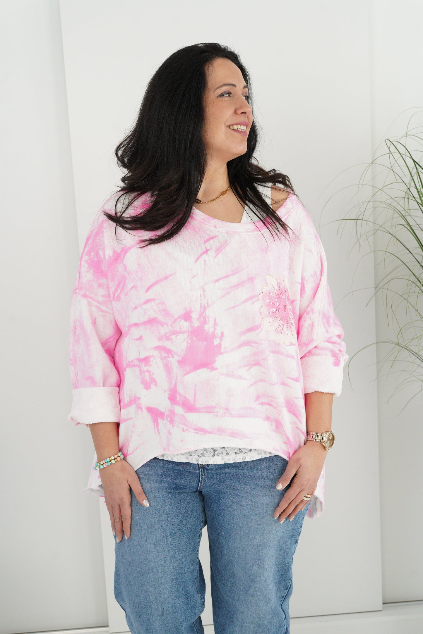 Sweatshirt in Weiß-Neon-Pink (40-46+)