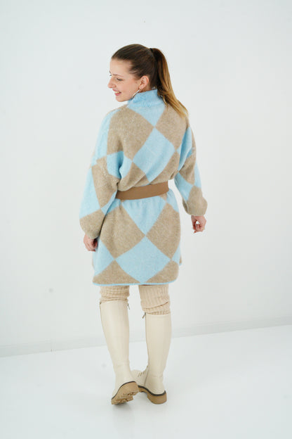 Long Pullover in Himmelblau-Taupe (38-44)