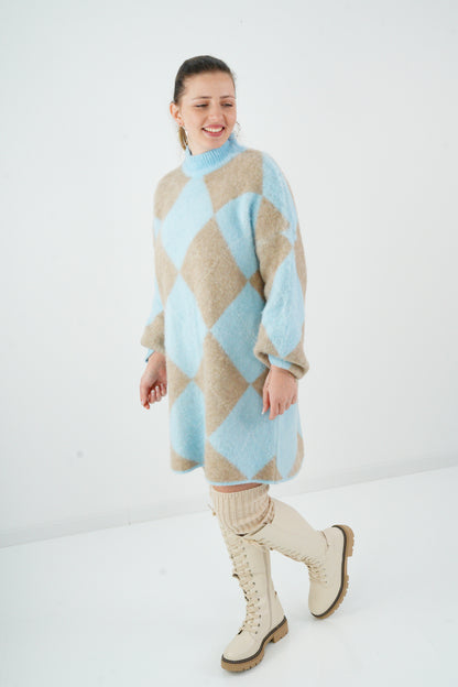 Long Pullover in Himmelblau-Taupe (38-44)