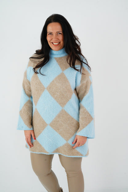 Long Pullover in Himmelblau-Taupe (38-44)