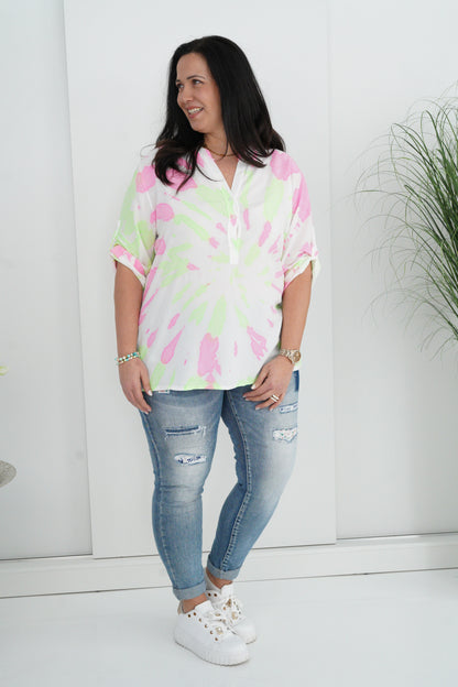 Bluse in Weiß-Neon-Batik (38-42+)