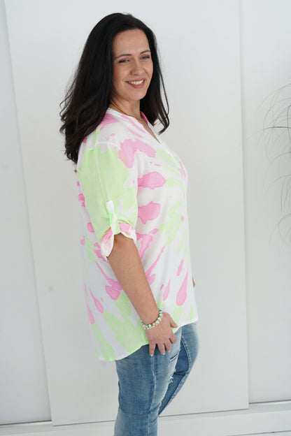 Bluse in Weiß-Neon-Batik (38-42+)
