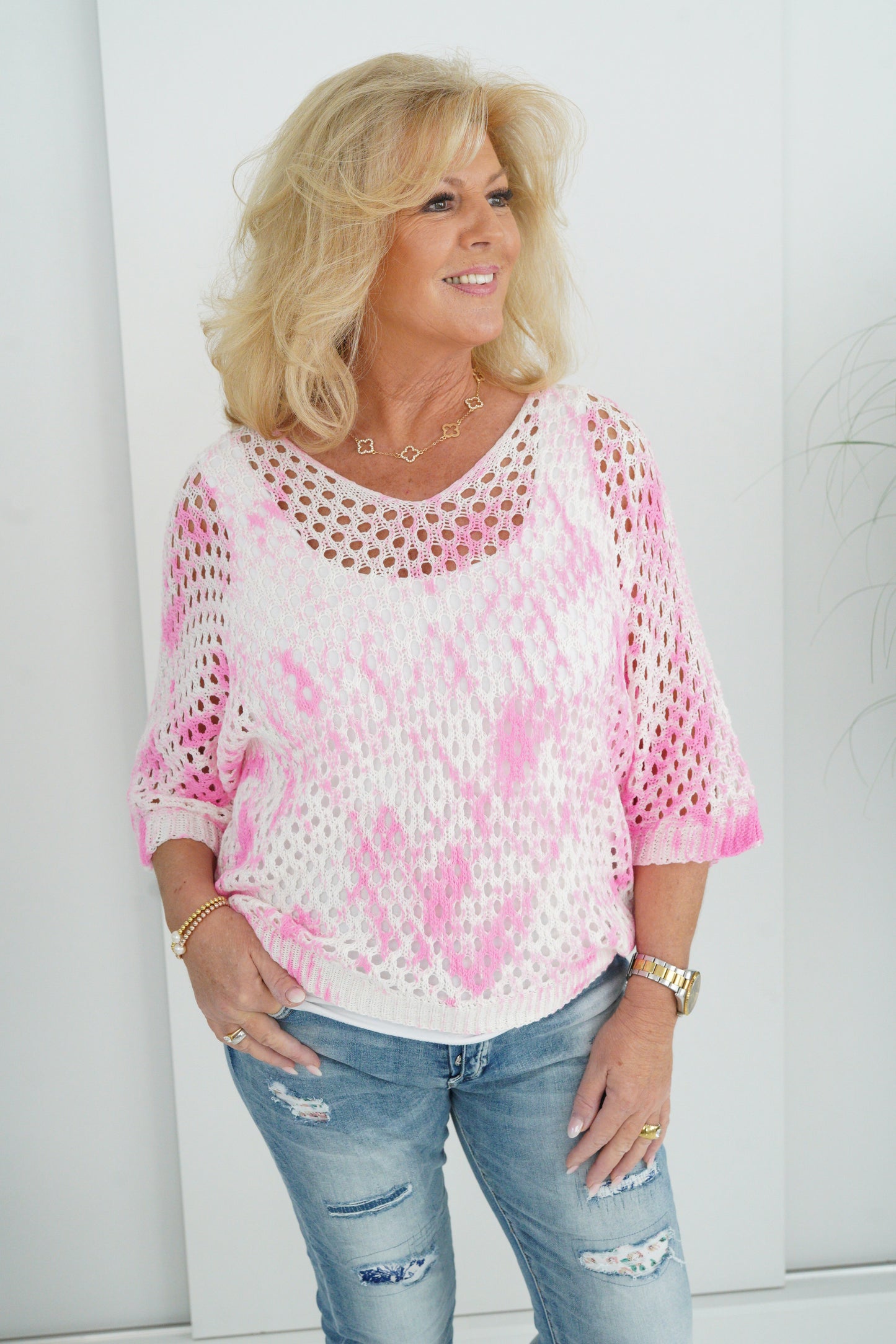 Pullover in Weiß-Neonpink (38-42+)