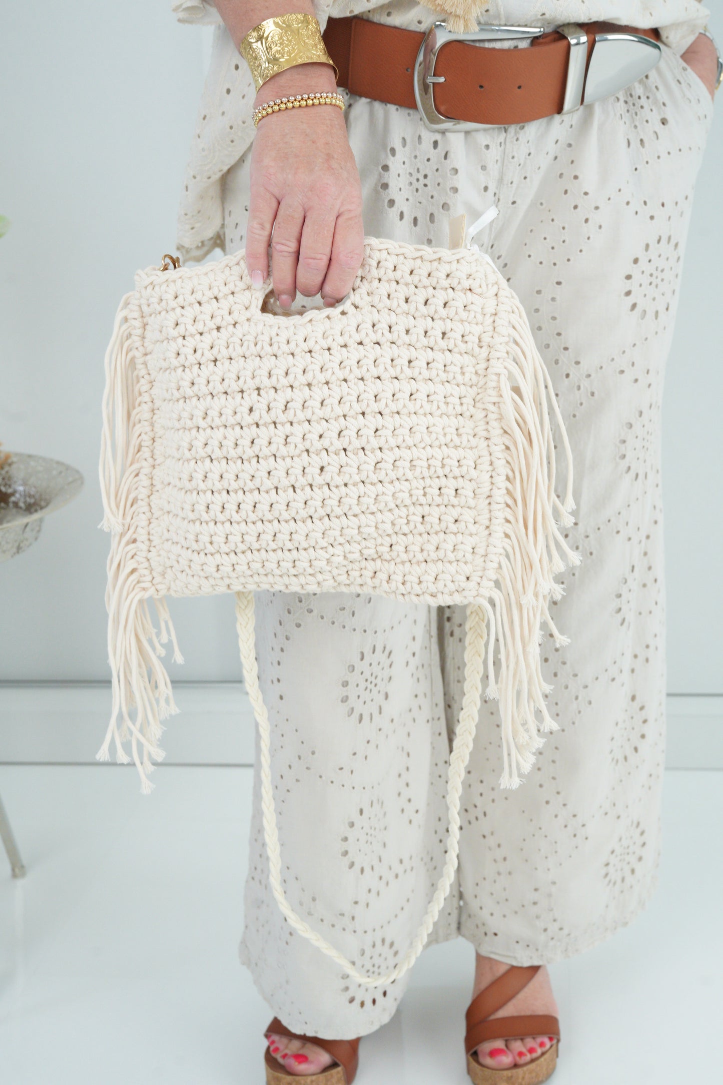 Boho-Häkeltasche in Creme