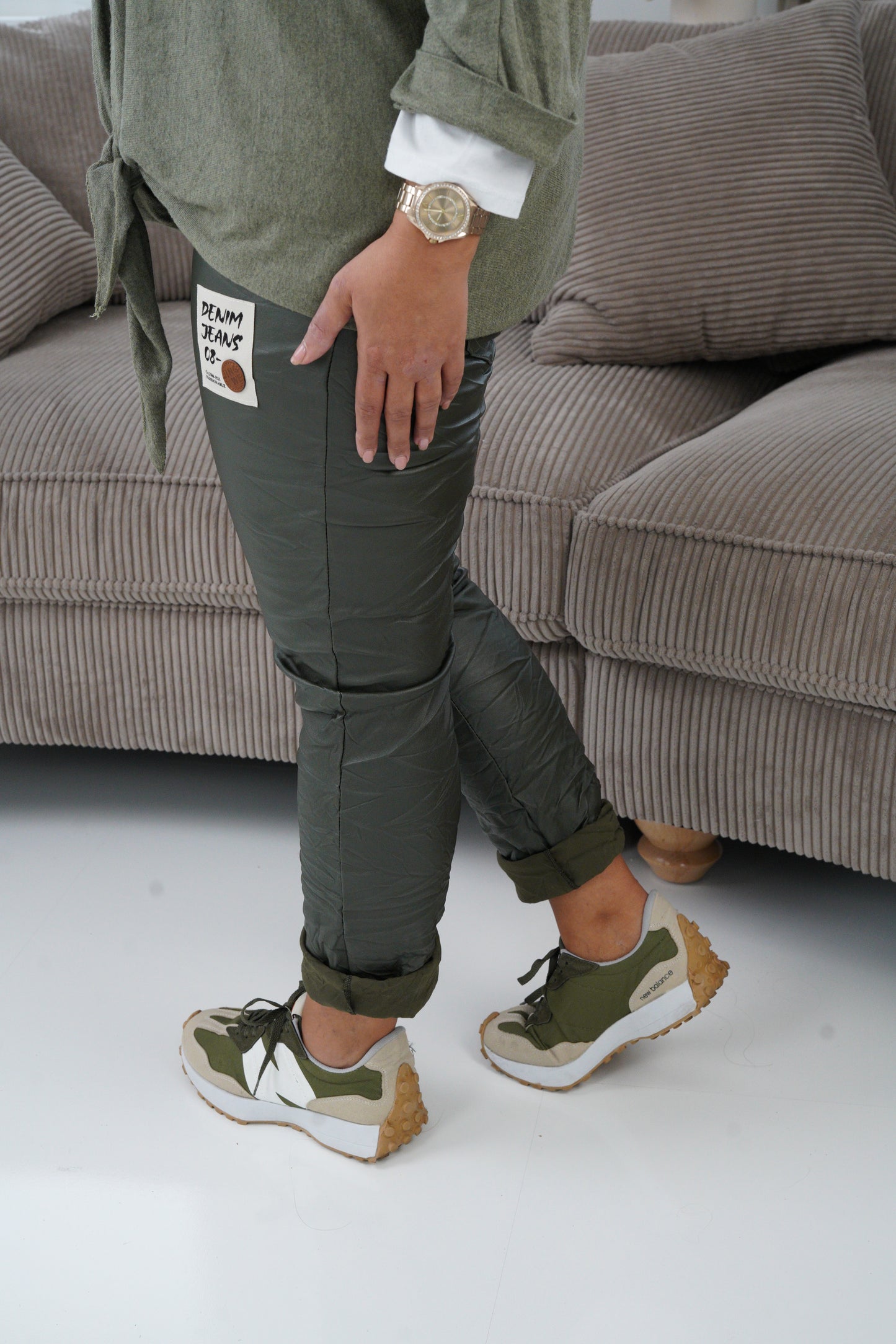 Lederimitat Joggpant in Khaki (40-44)