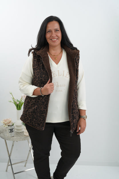 Stylische Wende-Fellweste in Schoko/Schwarz mit Leo-Design (40-48)