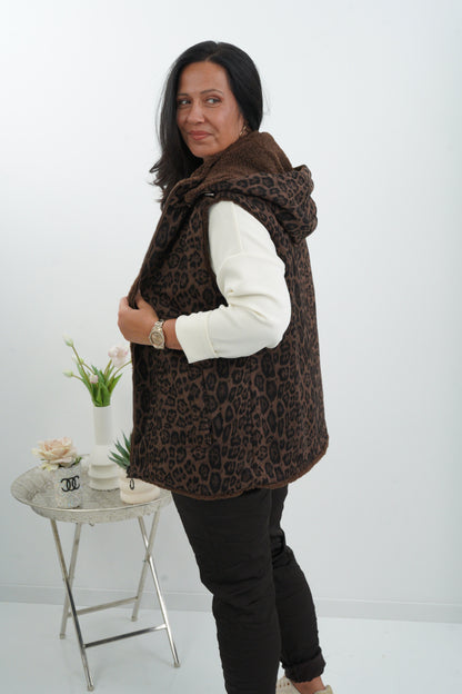 Stylische Wende-Fellweste in Schoko/Schwarz mit Leo-Design (40-48)
