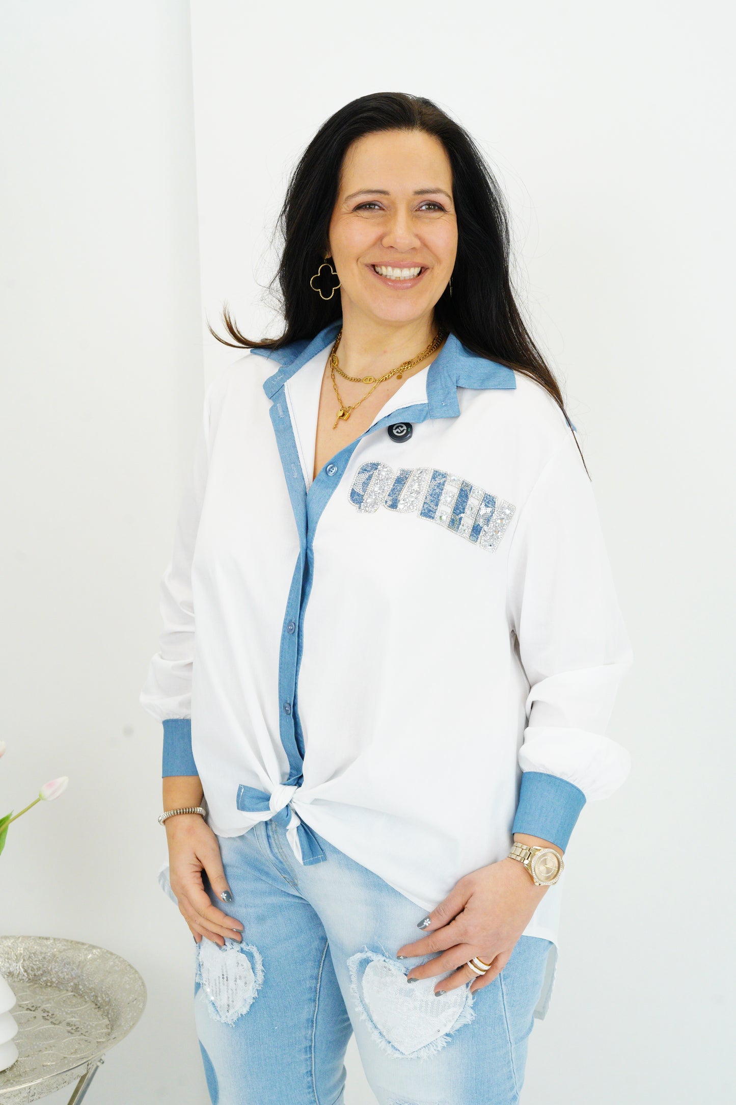 Bluse in Weiß-Jeansblau (42-46)