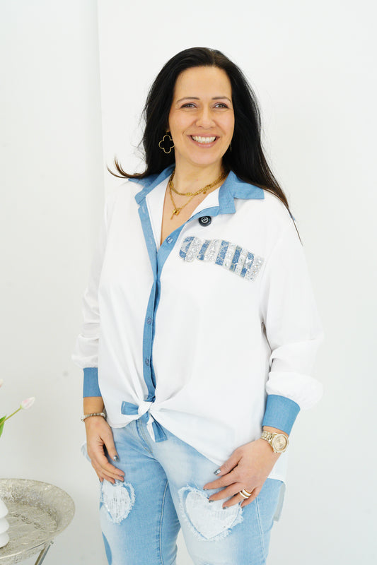 Bluse in Weiß-Jeansblau (42-46)