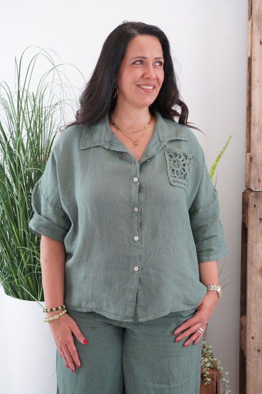 Leinen Bluse in Khaki (40-44)