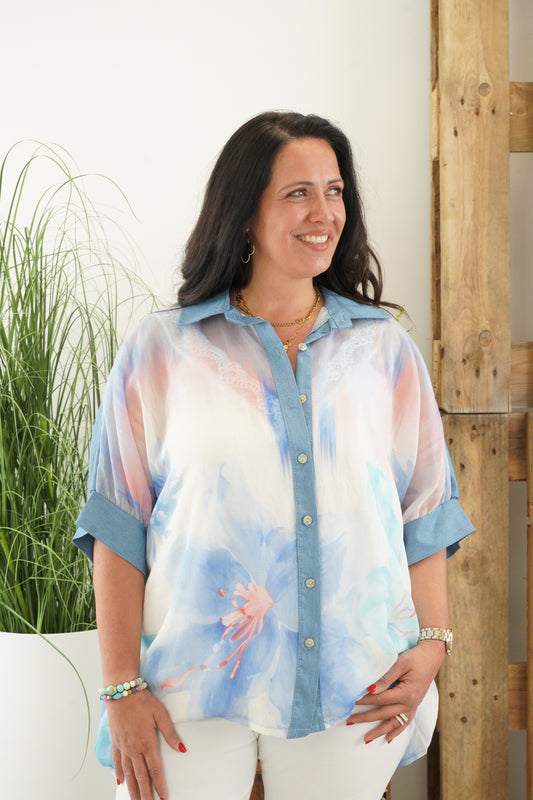 Bluse in Blau-Bunt (42-46+)