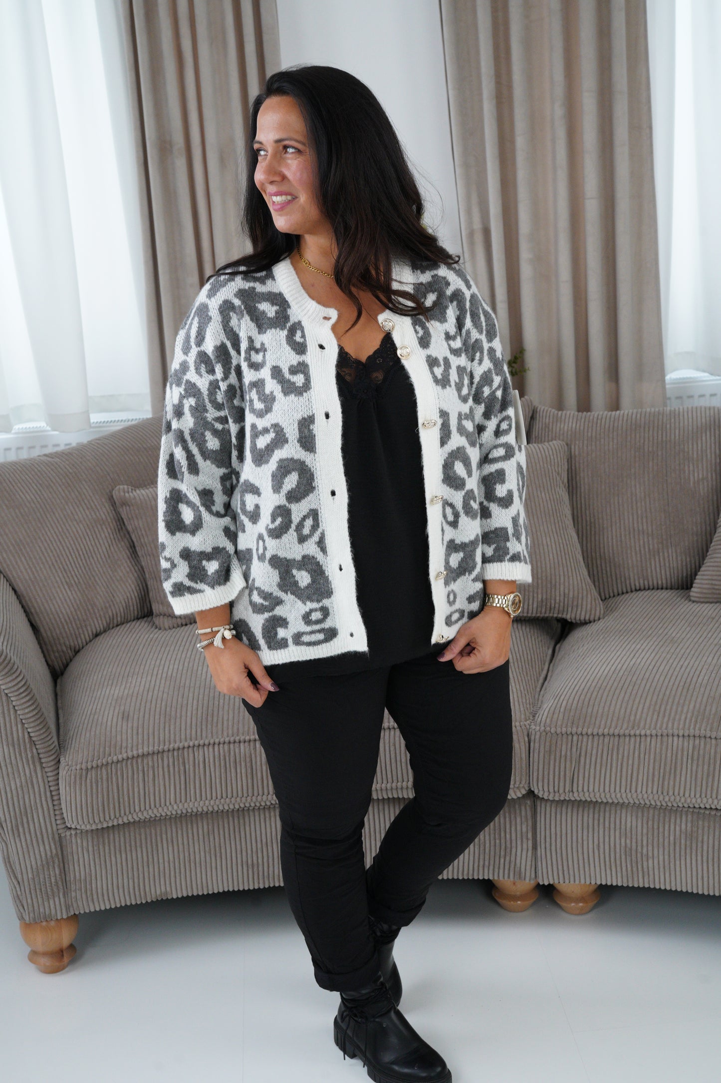 Leo-Strickjacke in Grau/Off-White (40-44)