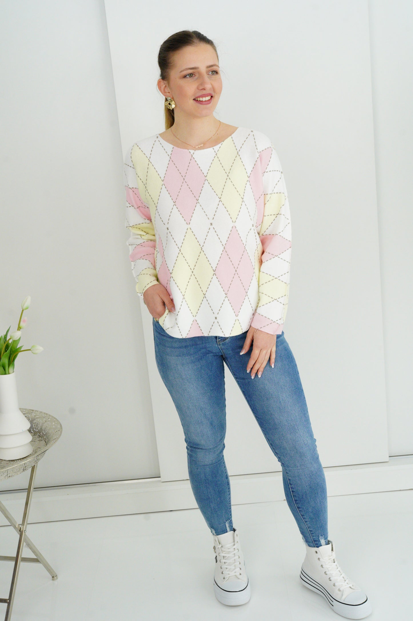 Pullover in Ecru-Rose-Gelb (36-40+)