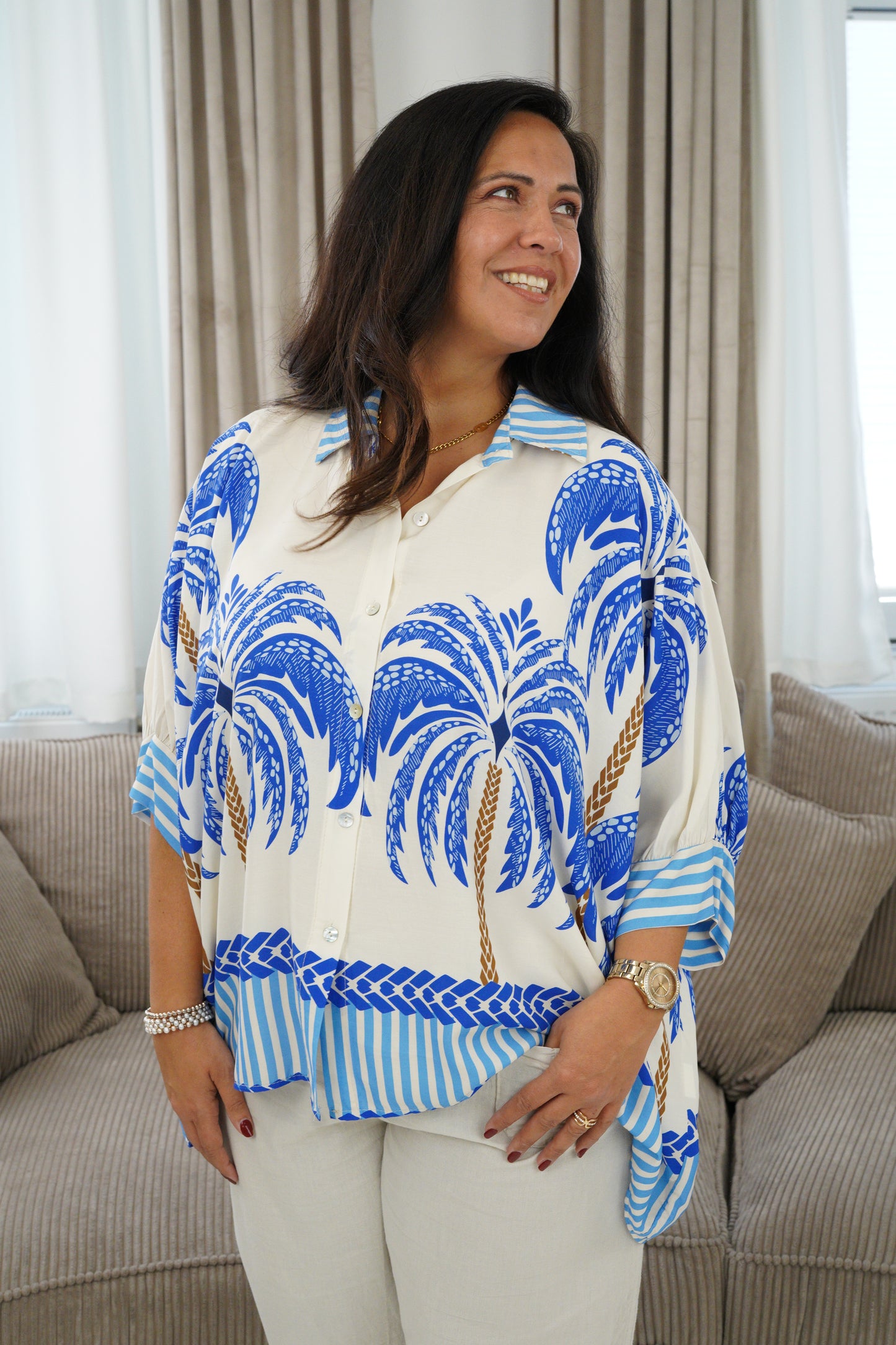 Bluse in Creme-Blau (42-46)