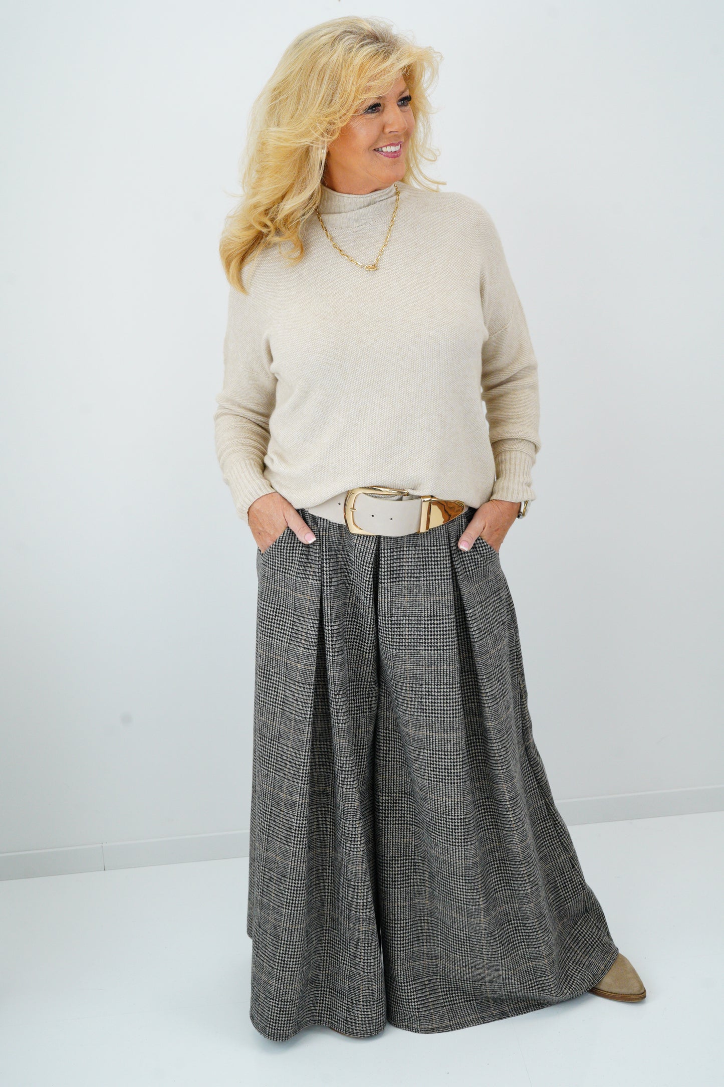 Palazzo Hose mit Glencheck in Schwarz mit Beige (36-40)