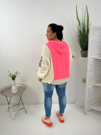 Auffälliges Oversize-Sweatshirt in Beige mit leuchtenden Neon-Pink-Akzenten (38-44)