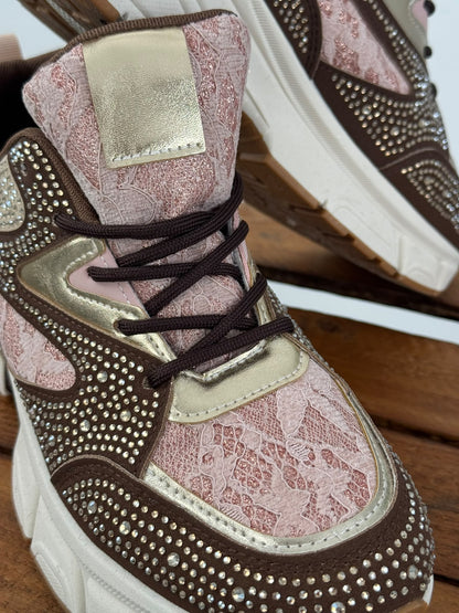 Auffälliger Sneaker in Beige, Rosé, Braun und Gold mit glamourösen Details (36,37,38,39,40,41)