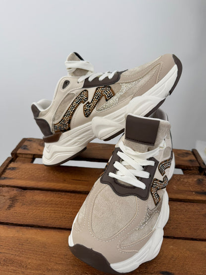 Moderner Sneaker in Beige-Braun mit funkelnden Glitzerdetails (36,37,38,39,40,41)