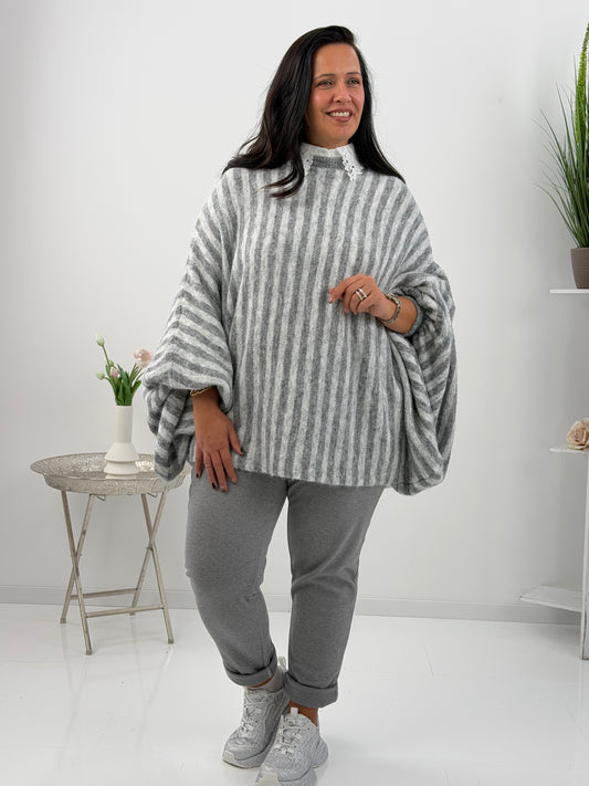 Pullover in meliertem Grau mit lässigem Streifenlook (40-46)