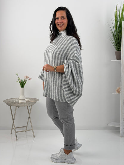 Pullover in meliertem Grau mit lässigem Streifenlook (40-46)