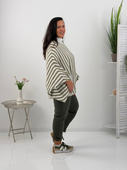 Pullover in angesagtem Khaki mit Streifenmuster (40-46)