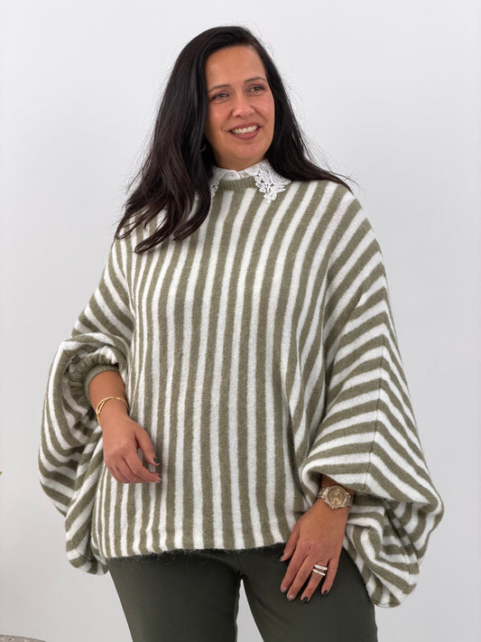 Pullover in angesagtem Khaki mit Streifenmuster (40-46)
