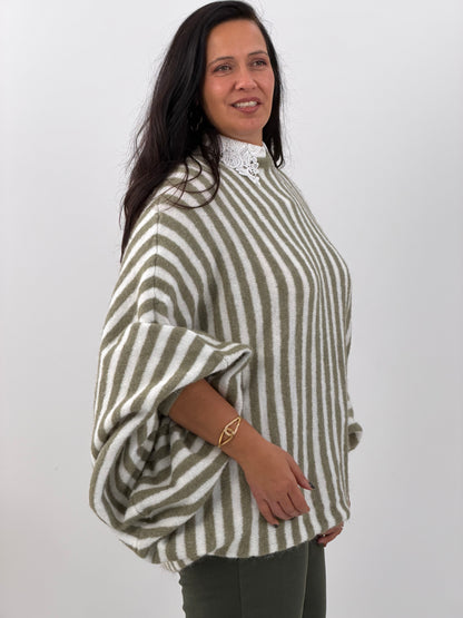 Pullover in angesagtem Khaki mit Streifenmuster (40-46)